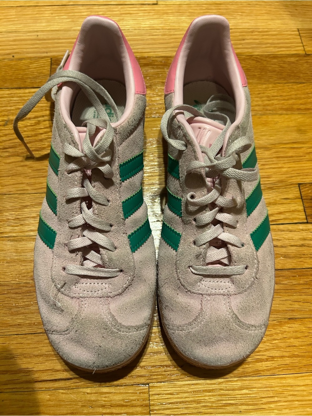 Adidas Pink Suede Sneakers with Green Stripes